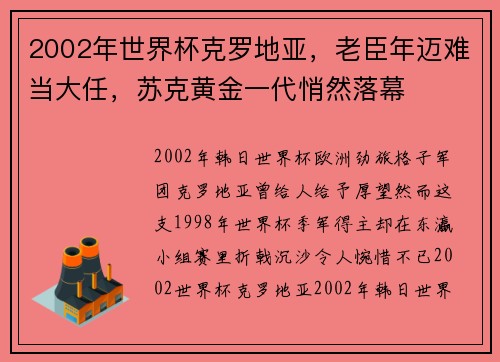 2002年世界杯克罗地亚，老臣年迈难当大任，苏克黄金一代悄然落幕